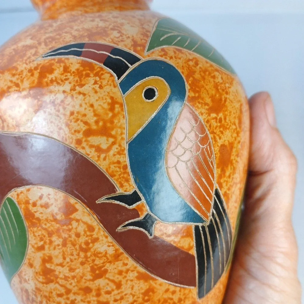 Handmade Pottery Vase Red Clay Toucans And Flowers Etched 5.5